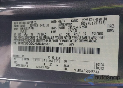 2017 Ford Escape Se from USA, damaged, VIN 1FMCU0GD2HUD40387